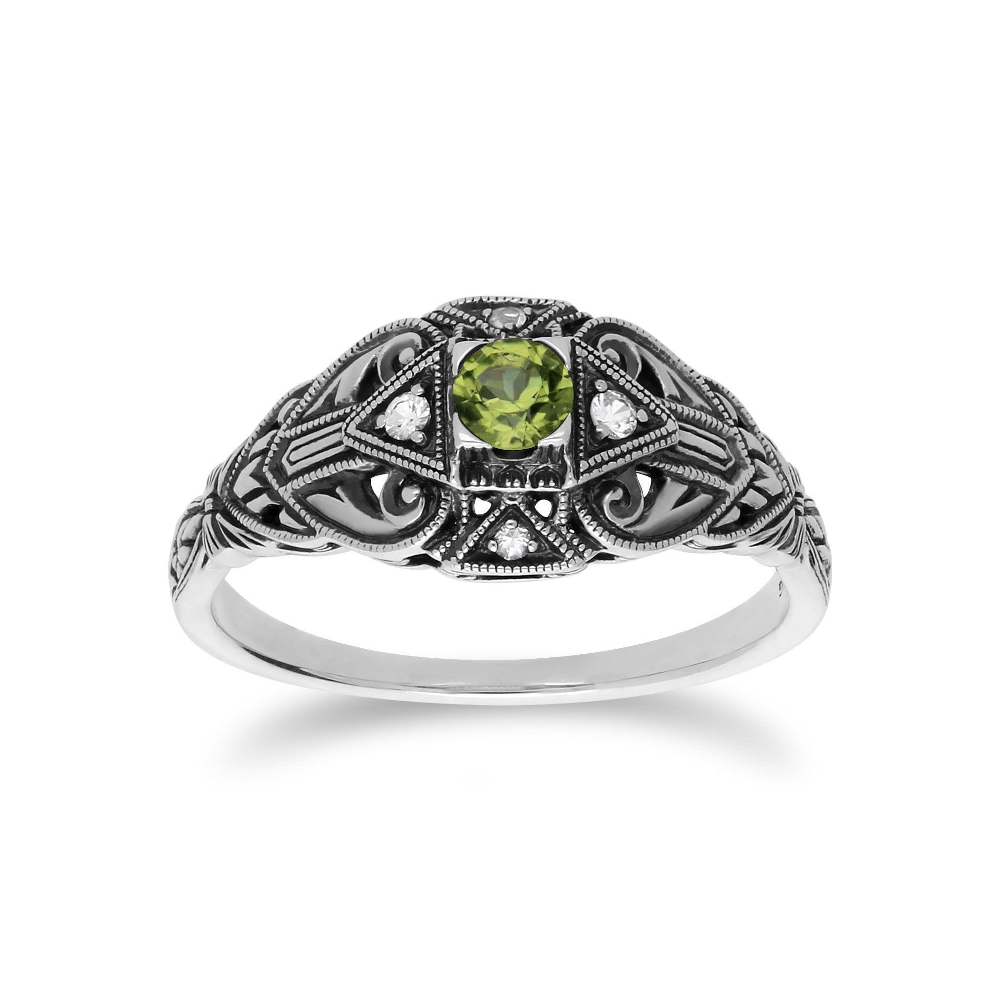 Art Deco Style Round Peridot & White Topaz  Ring in 925 Sterling Silver