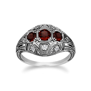 Art Deco Style Round Garnet & White Topaz Three Stone Ring in 925 Sterling Silver