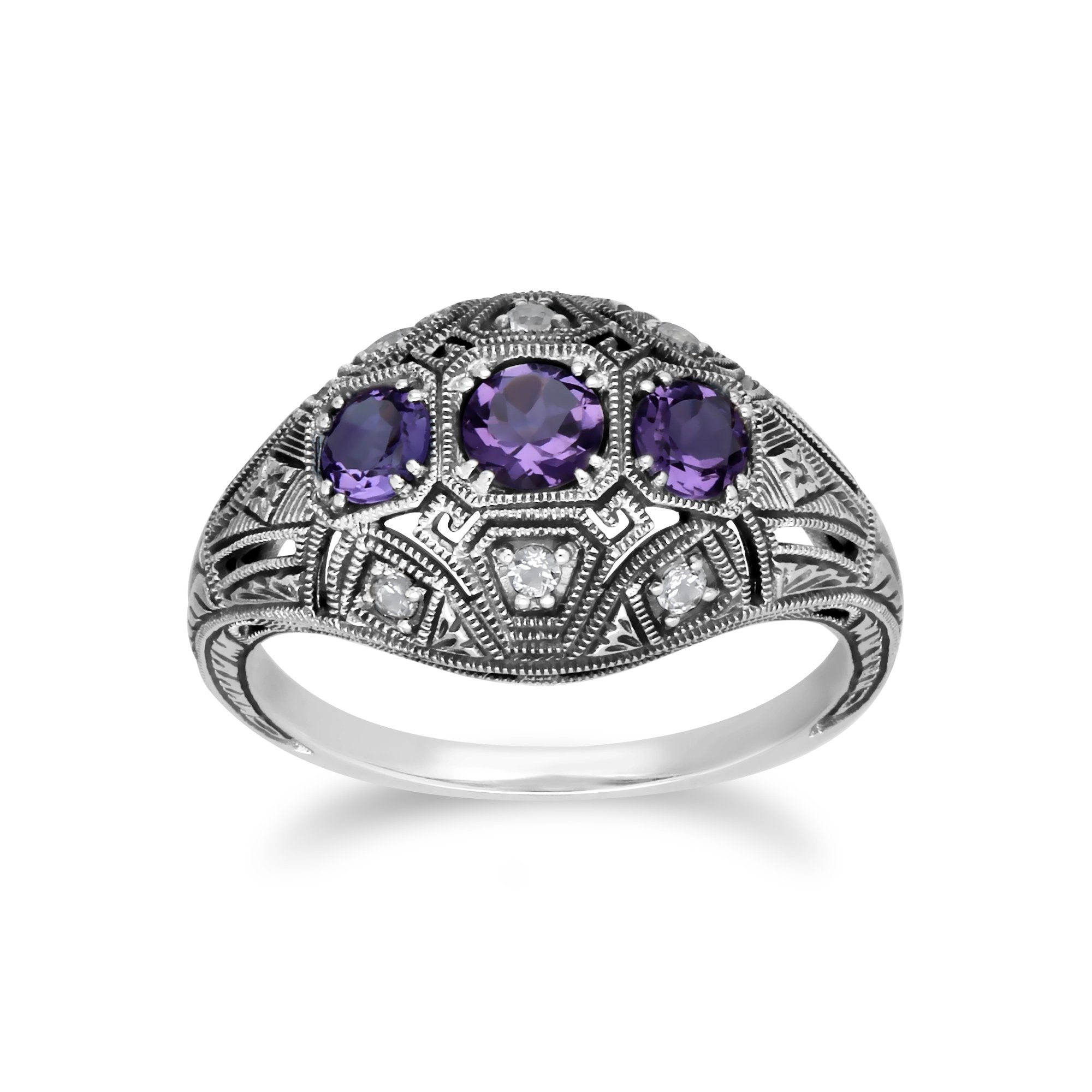 Art Deco Style Round Amethyst & White Topaz Three Stone Ring in Sterling Silver