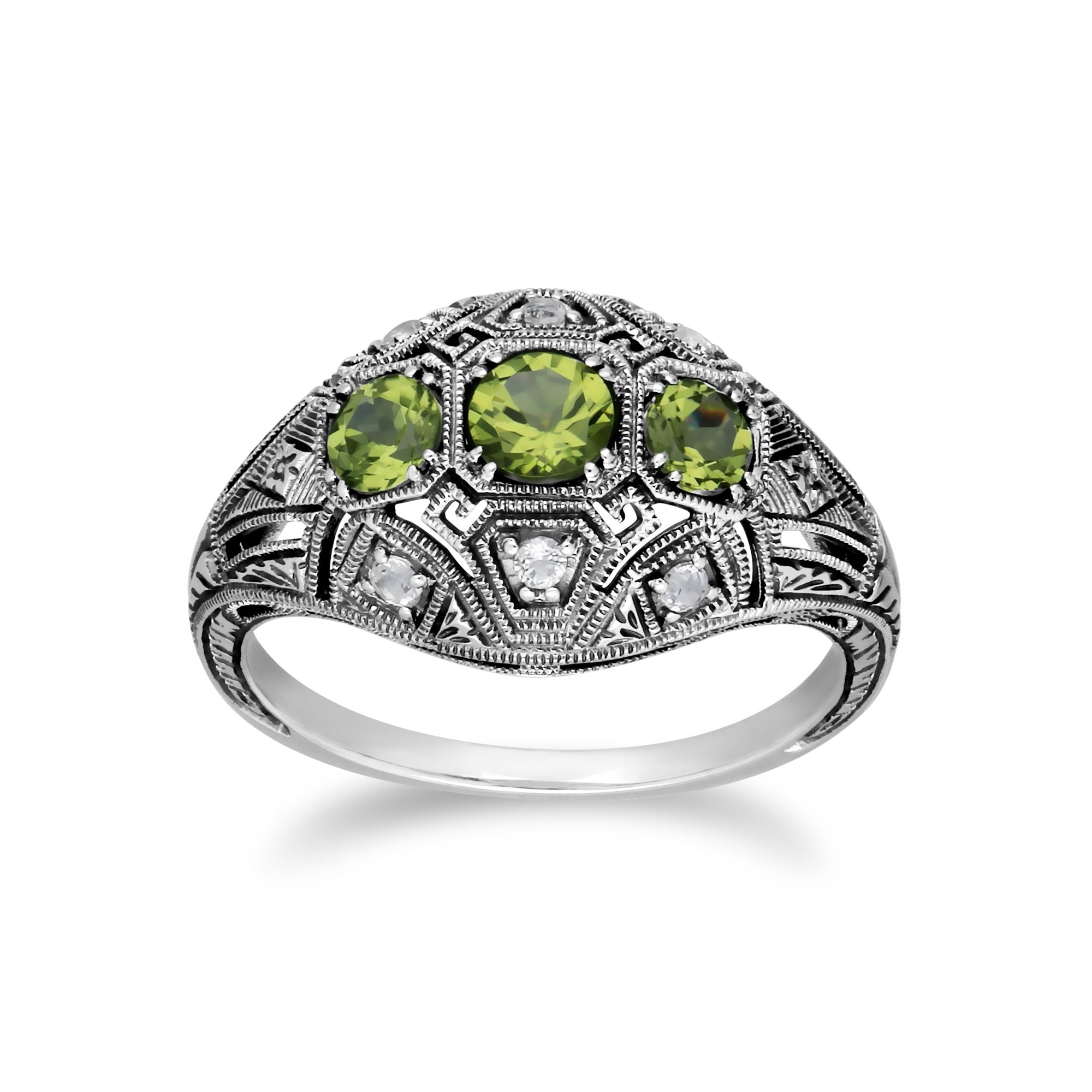 Art Deco Style Round Peridot & White Topaz Three Stone Ring in 925 Sterling Silver