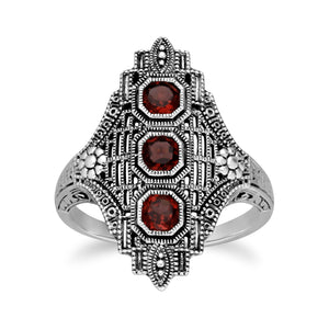 Art Nouveau Style Octagon Garnet Three Stone Filigree Statement Ring in 925 Sterling Silver