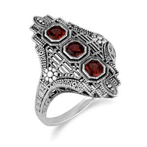 Art Nouveau Style Octagon Garnet Three Stone Filigree Statement Ring in 925 Sterling Silver