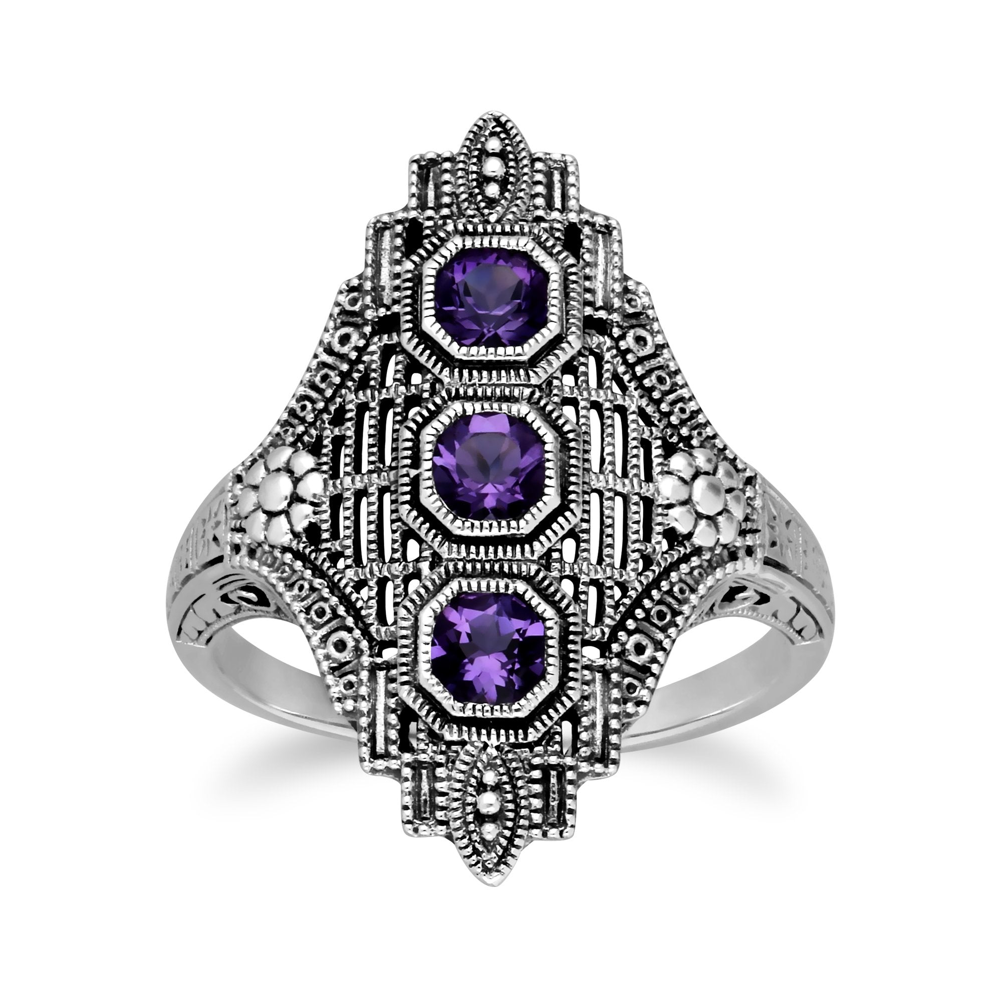 Art Nouveau Style Octagon Amethyst Three Stone Filigree Statement Ring in 925 Sterling Silver