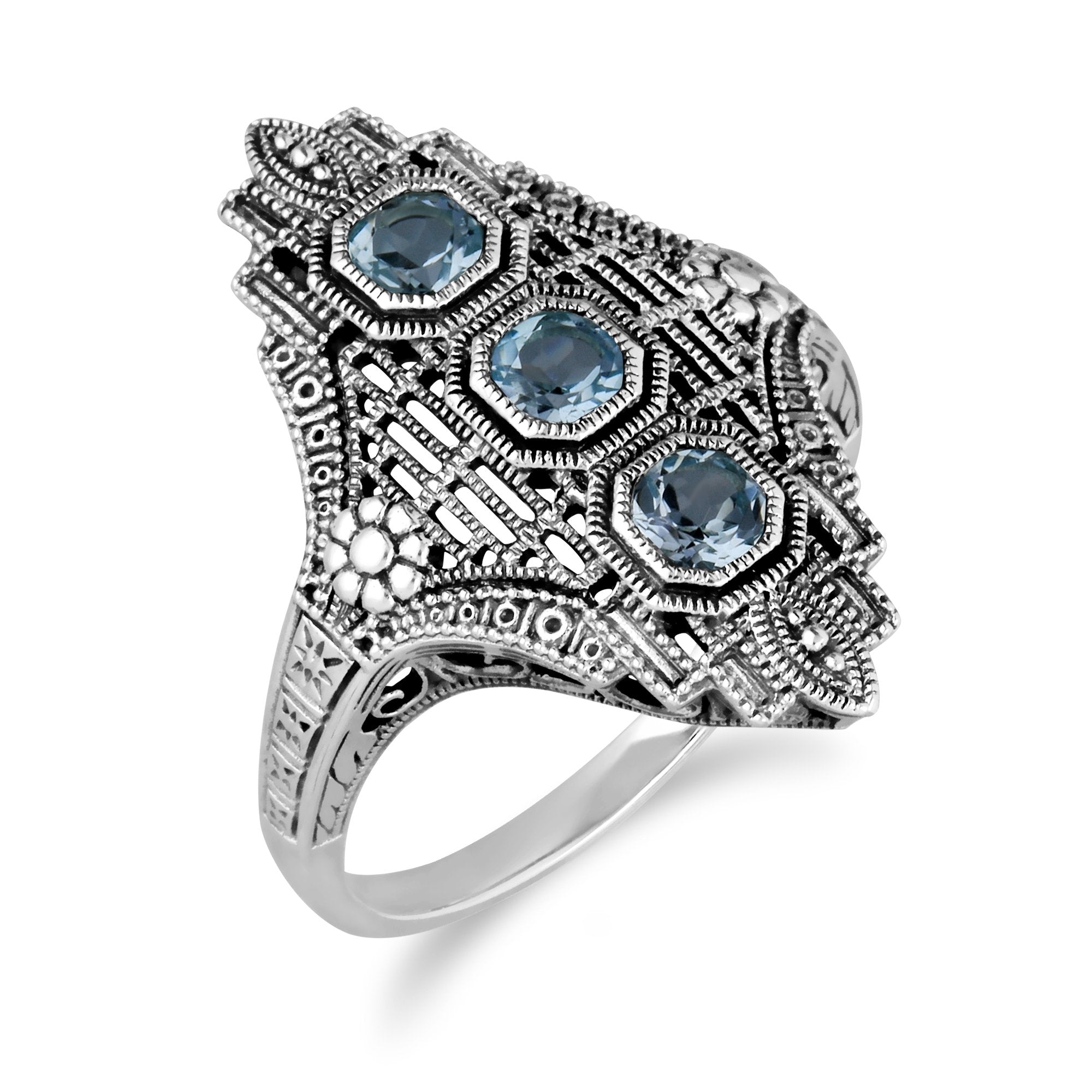 Art Nouveau Style Octagon Blue Topaz Three Stone Filigree Statement Ring in 925 Sterling Silver