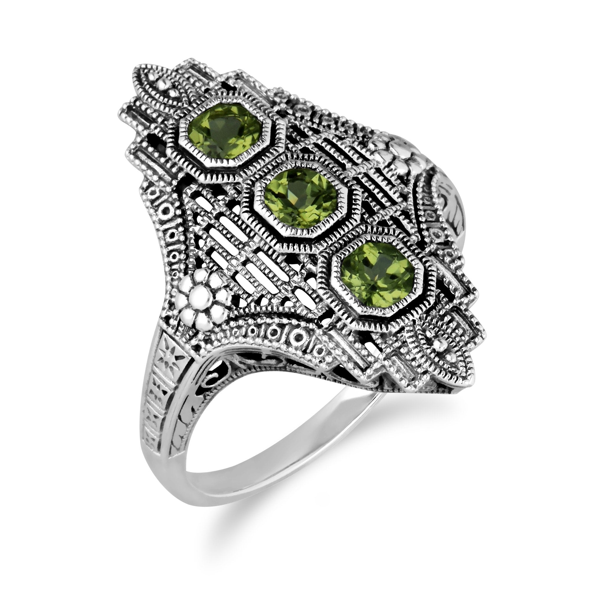 Art Nouveau Style Octagon Peridot Three Stone Filigree Statement Ring in 925 Sterling Silver