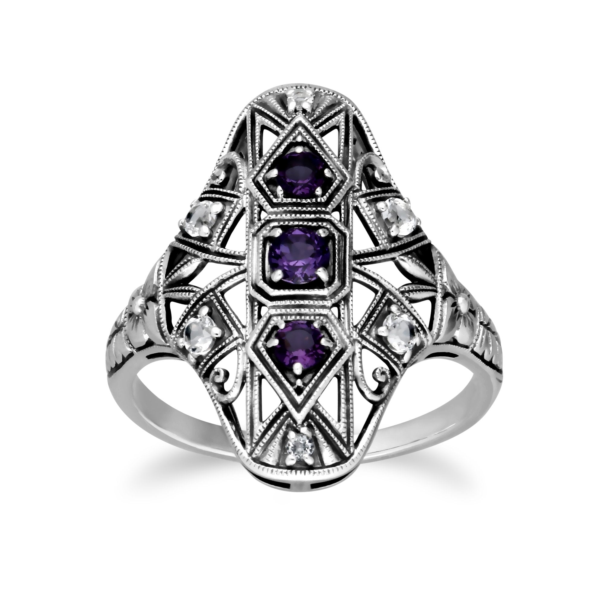 Art Nouveau Style Round Amethyst & White Topaz Statement Ring in 925 Sterling Silver