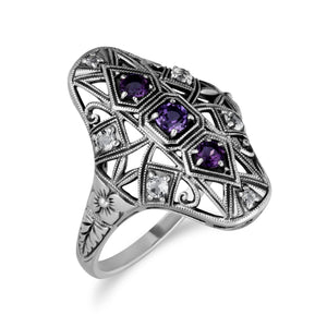 Art Nouveau Style Round Amethyst & White Topaz Statement Ring in 925 Sterling Silver