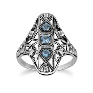Art Nouveau Style Round Blue & White Topaz Statement Ring in 925 Sterling Silver