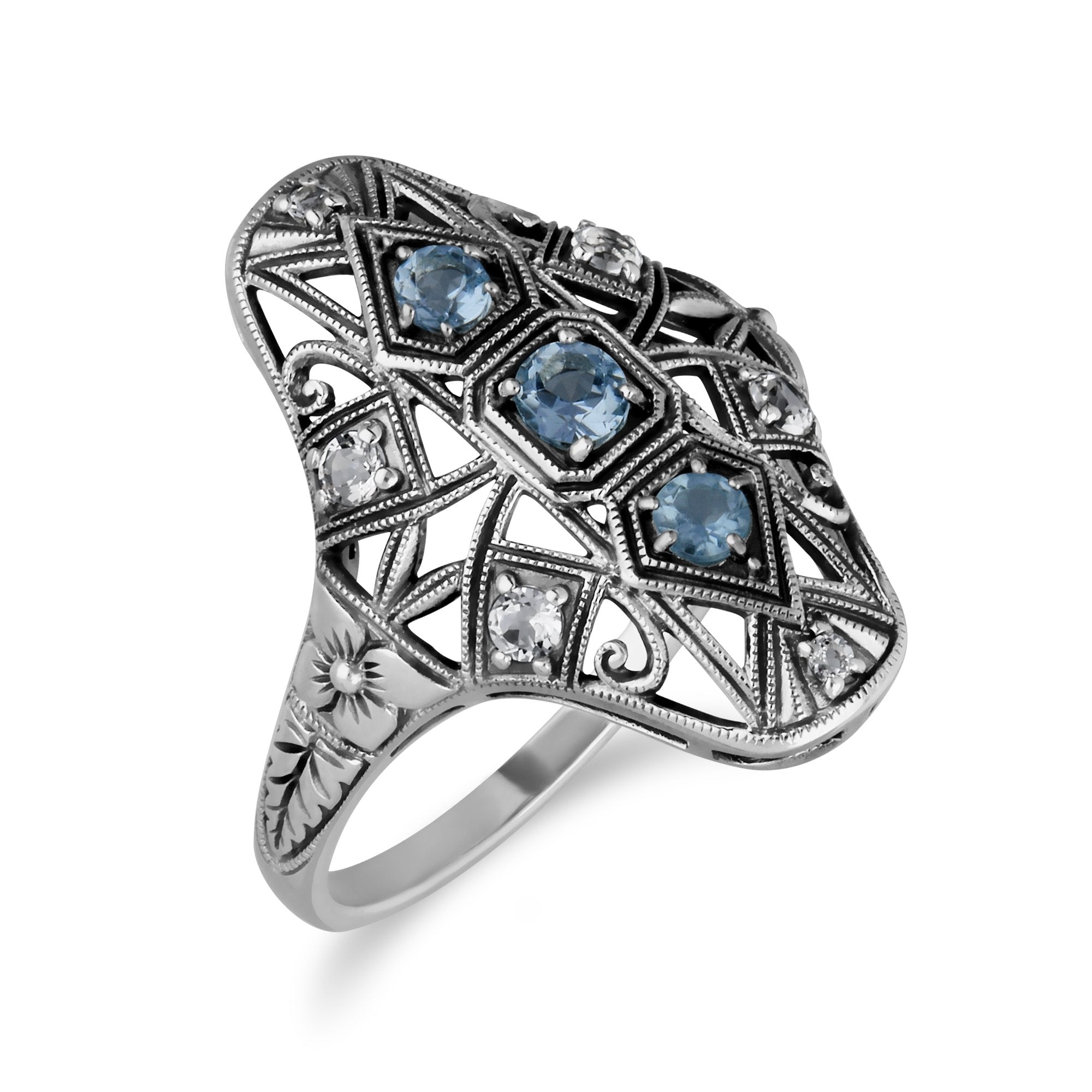 Art Nouveau Style Round Blue & White Topaz Statement Ring in 925 Sterling Silver