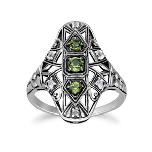 Art Nouveau Style Round Peridot & White Topaz Statement Ring in 925 Sterling Silver