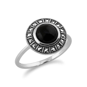 Art Deco Style Round Black Onyx Cabochon & Marcasite Halo Ring in 925 Sterling Silver