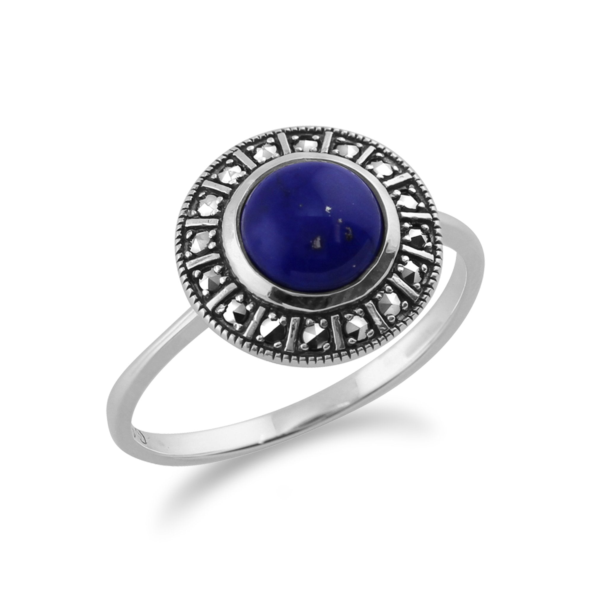 Art Deco Style Round Lapis Lazuli Cabochon & Marcasite Halo Ring in 925 Sterling Silver