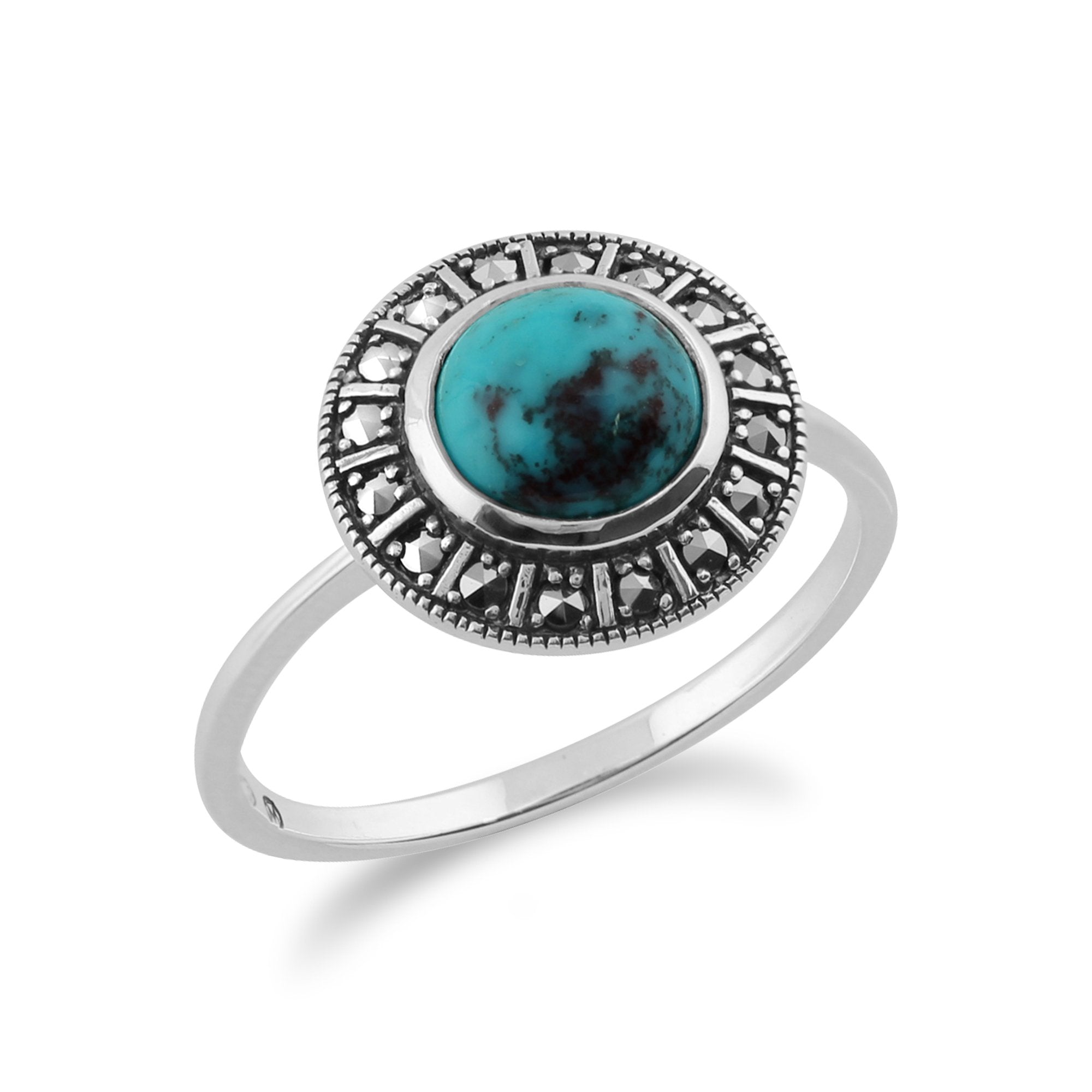 Art Deco Style Round Turquoise Cabochon & Marcasite Halo Ring in 925 Sterling Silver