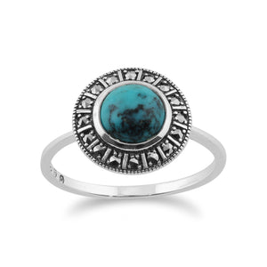 Art Deco Style Round Turquoise Cabochon & Marcasite Halo Ring in 925 Sterling Silver