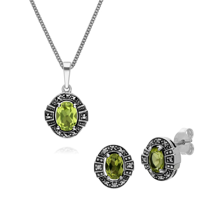 Ciondolo e anello in stile Art Déco Argento 925 con granato e marcasite a grappolo ovale
