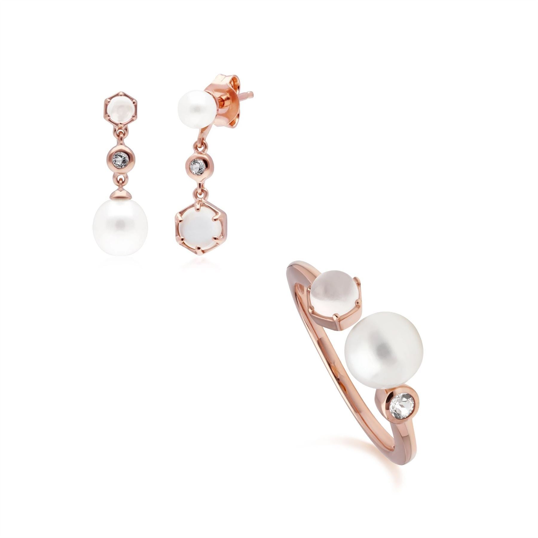Modern Pearl, Moonstone & Topaz Earring & Ring Set in Rose Gold Plated Sterling Silver