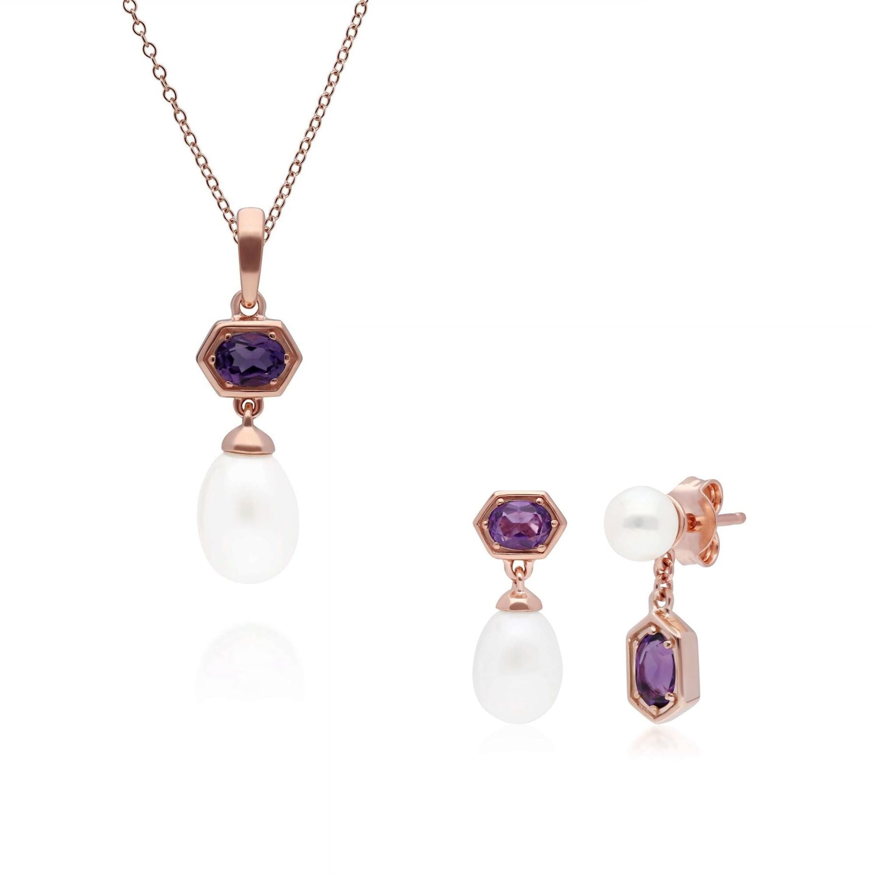 Modern Pearl & Amethyst Pendant & Earring Set in Rose Gold Plated Sterling Silver