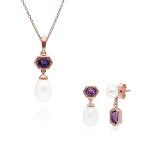 Modern Pearl & Amethyst Pendant & Earring Set in Rose Gold Plated Sterling Silver