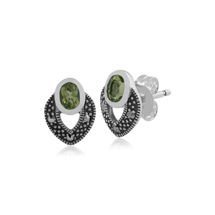 Orecchini a bottone in stile Srt Deco in argento 925 con peridoto ovale e marcasite