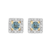Orecchini classici con topazio blu in oro giallo 375 e rivestimento per l'orecchio con diamanti quadrati