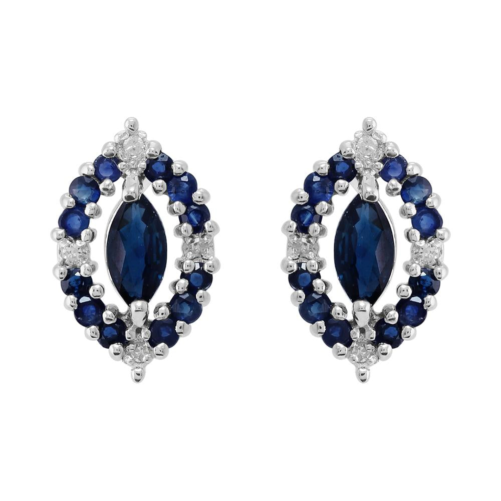 Classic Marquise Sapphire & Diamond Cluster Stud Earrings in 925 Sterling Silver