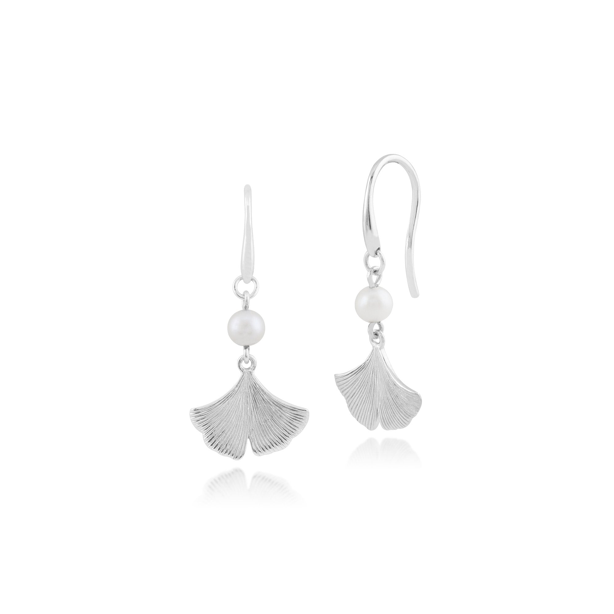 Floral Pearl Gingko Leaf Drop Earrings in 925 Sterling Silver