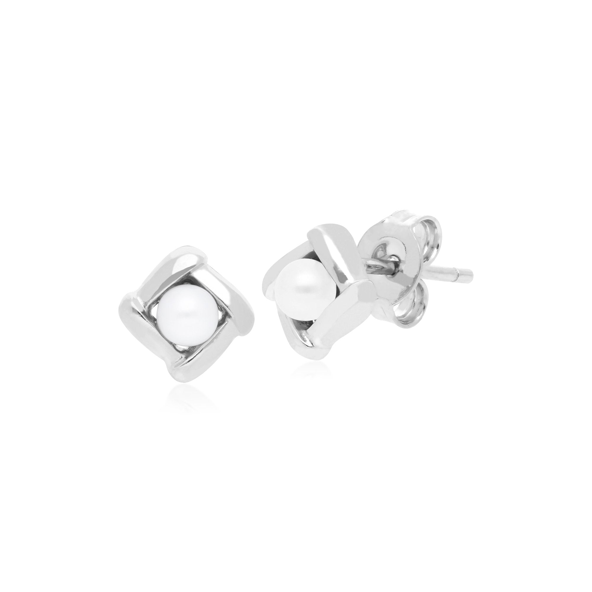 Classic Pearl Square Crossover Stud Earrings in 925 Sterling Silver