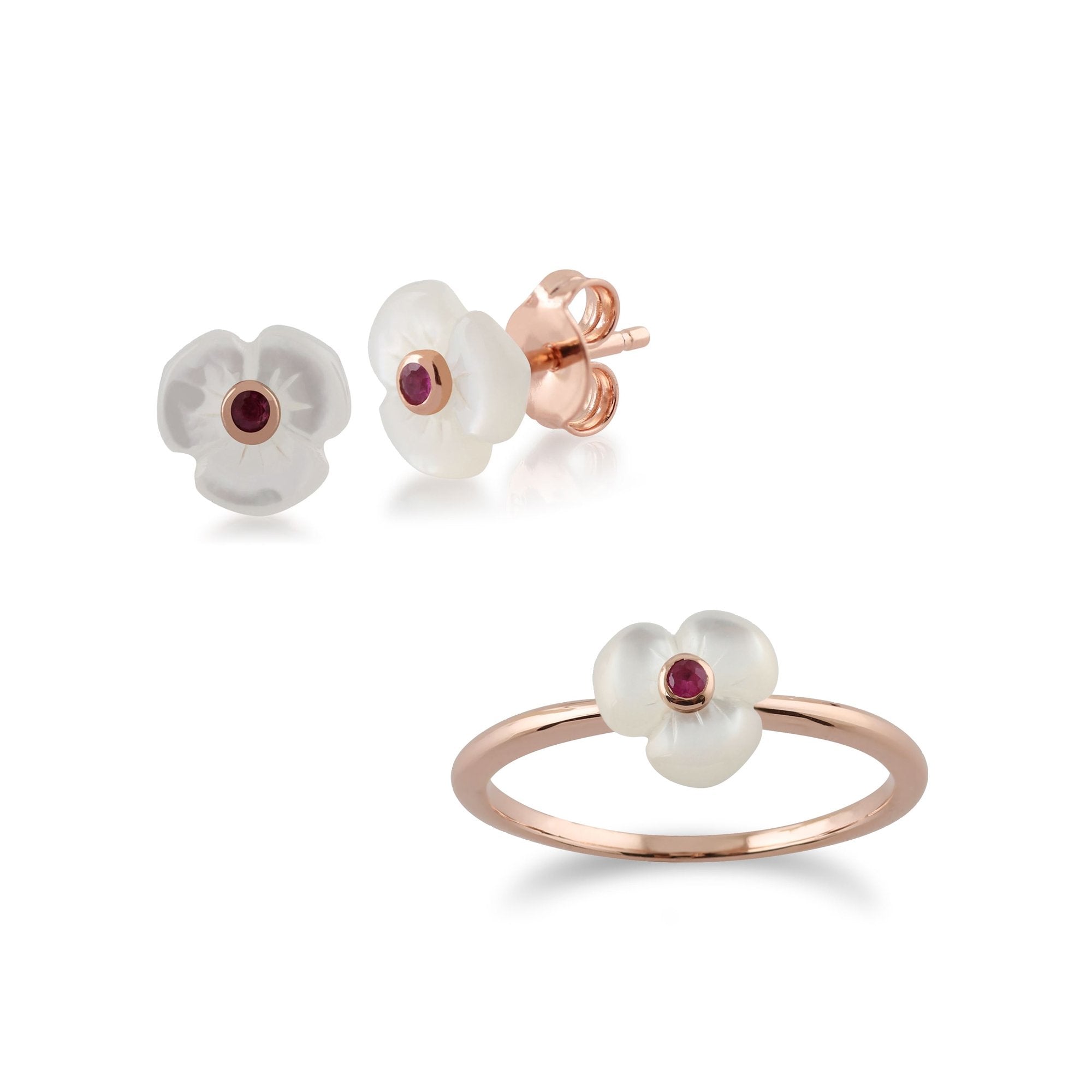 Floral Round Ruby & Mother of Pearl Poppy Stud Earrings & Ring Set in Rose Gold Plated 925 Sterling Silver