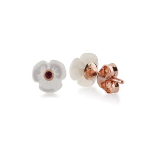 Floral Mother of Pearl & Round Ruby Poppy Stud Earrings in Rose Gold Plated 925 Sterling Silver