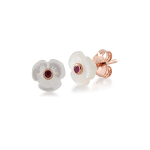 Floral Round Ruby & Mother of Pearl Poppy Stud Earrings & Ring Set in Rose Gold Plated 925 Sterling Silver