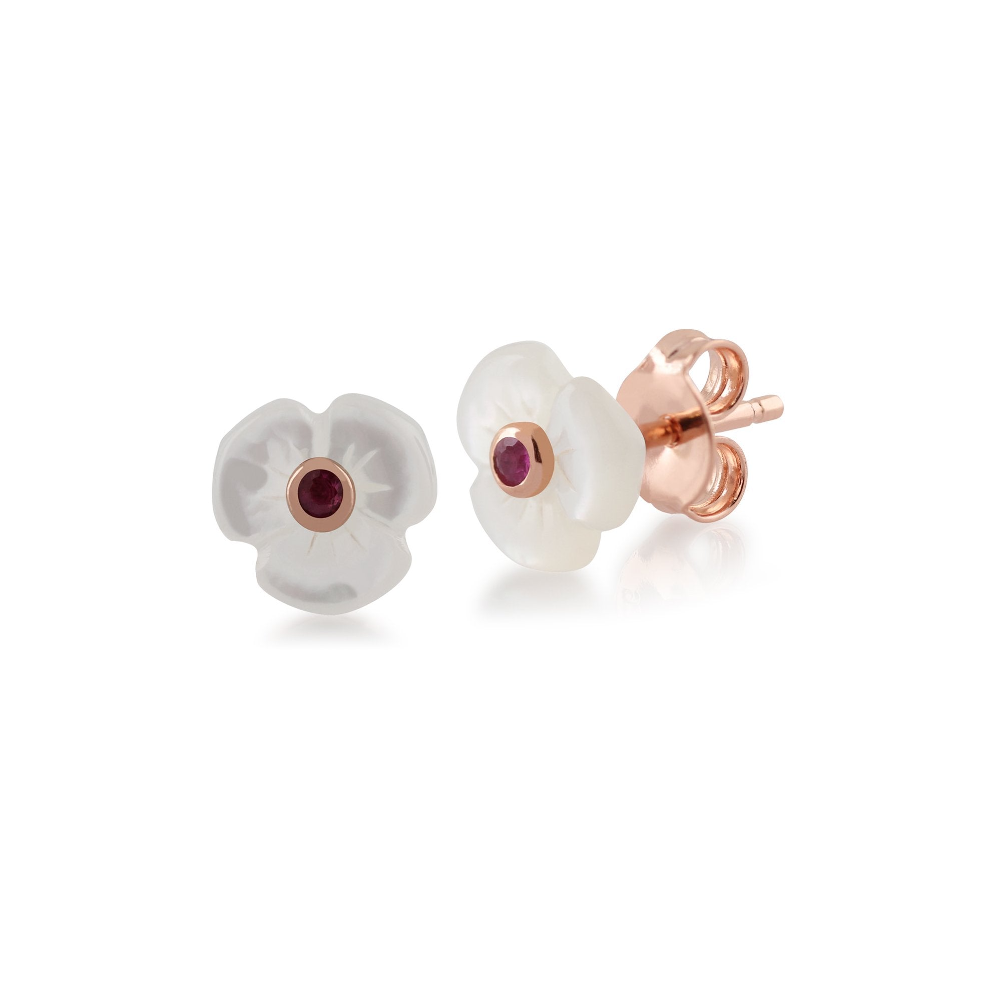 Floral Mother of Pearl & Round Ruby Poppy Stud Earrings in Rose Gold Plated 925 Sterling Silver