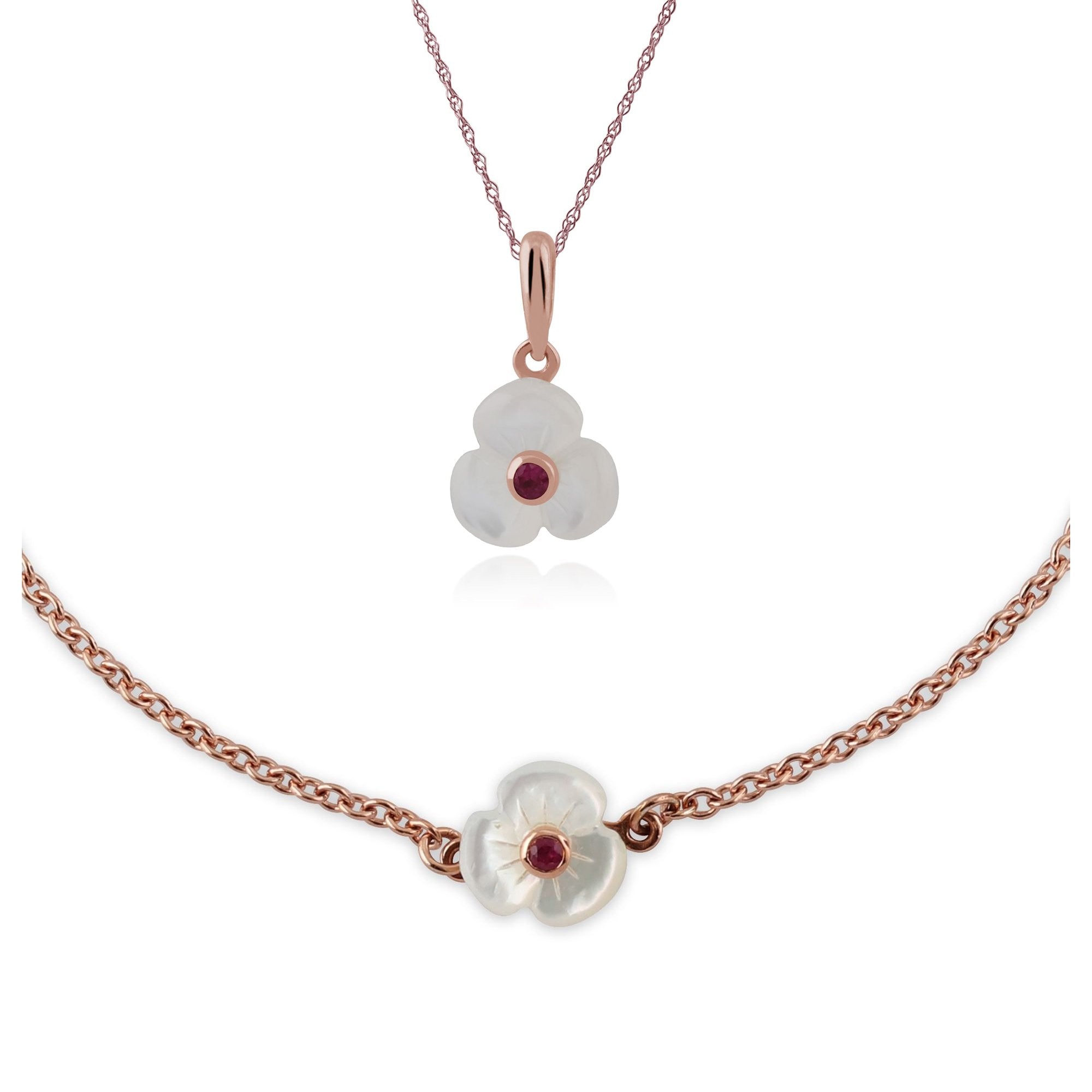 Floral Round Ruby & Mother of Pearl Daisy Pendant & Bracelet Set in Rose Gold Plated 925 Sterling Silver