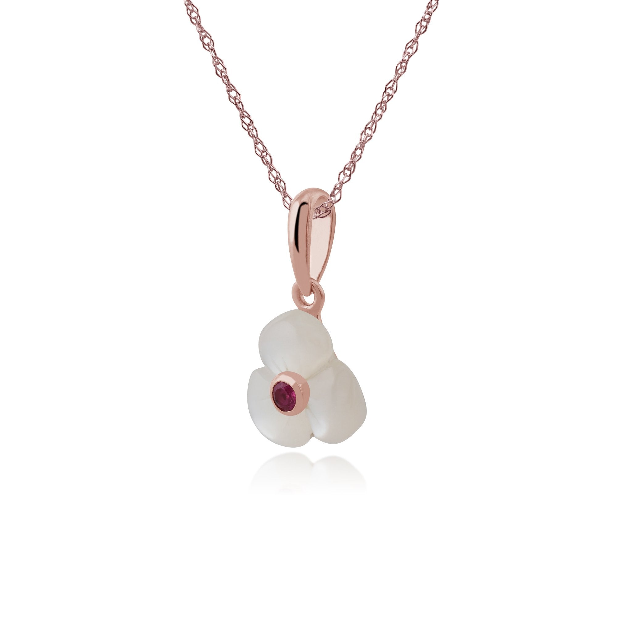 Floral Mother of Pearl & Round Ruby Poppy Pendant in Rose Gold Plated 925 Sterling Silver