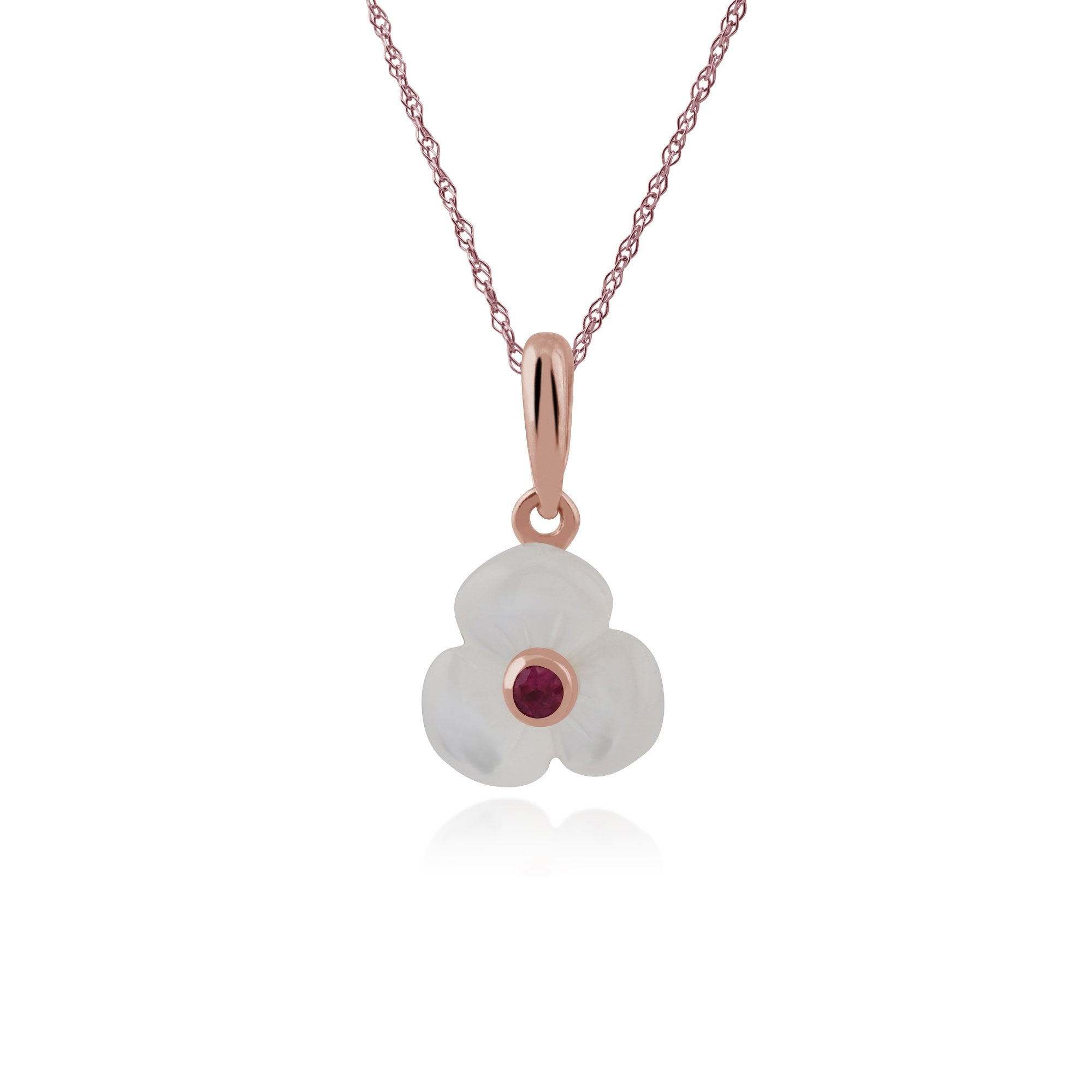 Floral Round Ruby & Mother of Pearl Daisy Pendant & Bracelet Set in Rose Gold Plated 925 Sterling Silver