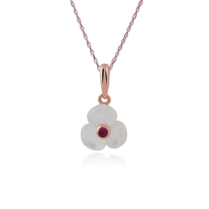 Floral Mother of Pearl & Round Ruby Poppy Pendant in Rose Gold Plated 925 Sterling Silver