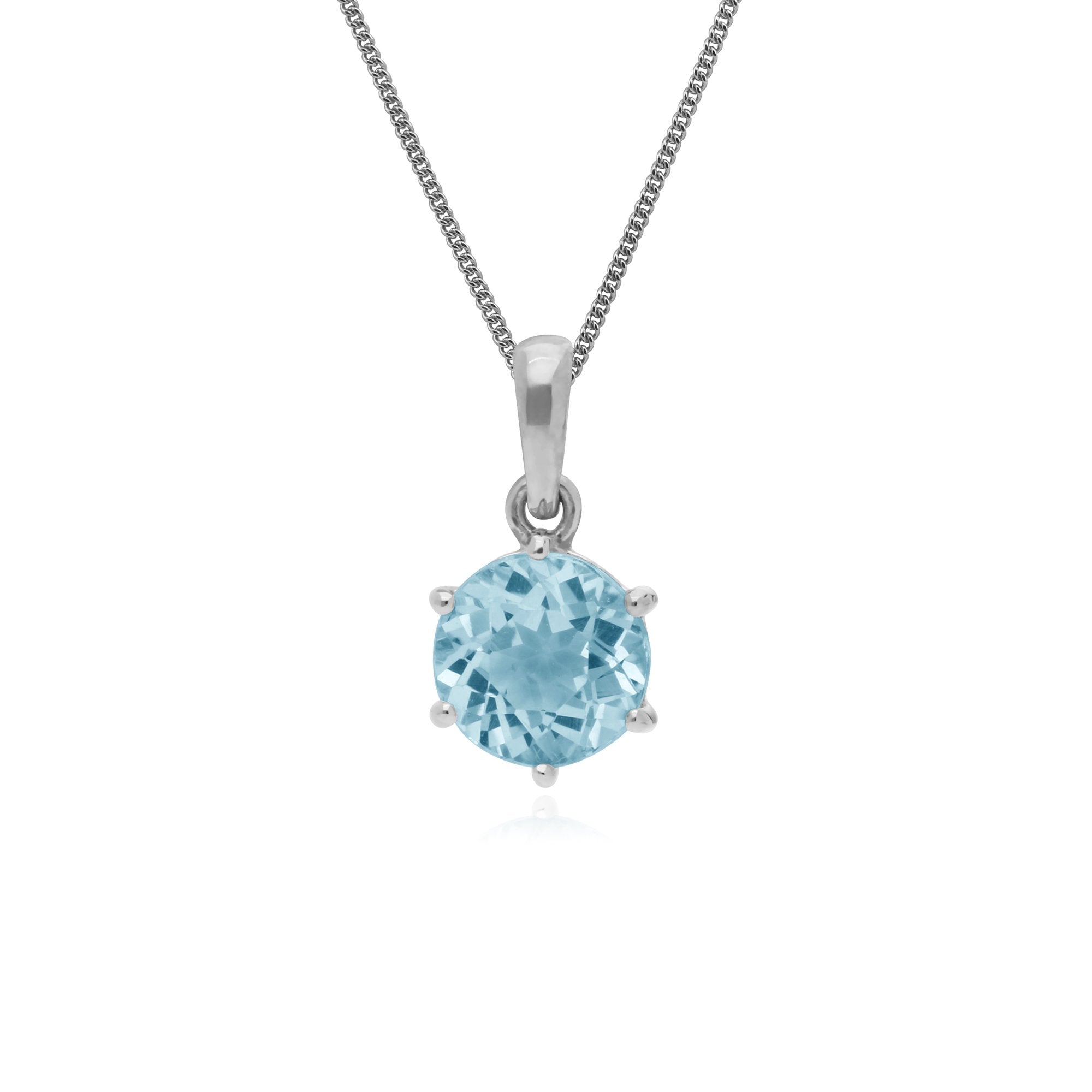 Classic Round Cut Blue Topaz 6 Claw Pendant in 925 Sterling Silver