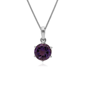 Classic Round Cut Amethyst 6 Claw Pendant in 925 Sterling Silver