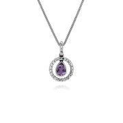 Collana in argento sterling con gocce d'acqua, ametista e marcasite rotonda, 45 cm