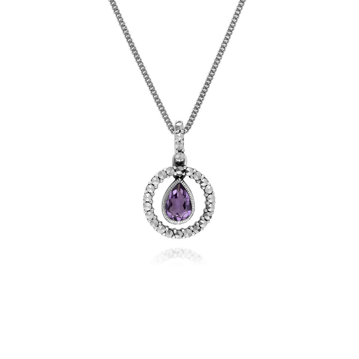 Collana in argento sterling con gocce d'acqua, ametista e marcasite rotonda, 45 cm