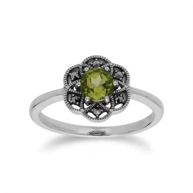 Anello Gemondo con peridoto, anello con fiore in argento sterling con peridoto e marcasite - Peridoto