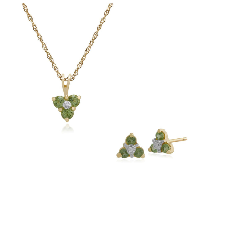 Ciondolo e orecchini floreali in oro giallo 375 con peridoto e diamante rotondo