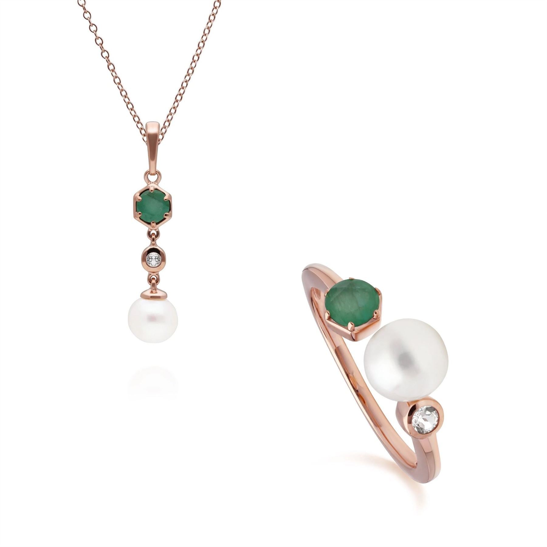 Modern Pearl, Emerald & Topaz Pendant & Ring Set in Rose Gold Plated Sterling Silver