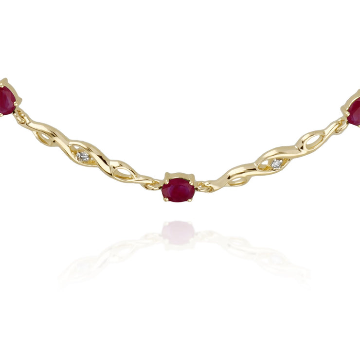 Bracciale tennis ovale da 18 cm con rubini e diamanti in oro giallo da 9 ct