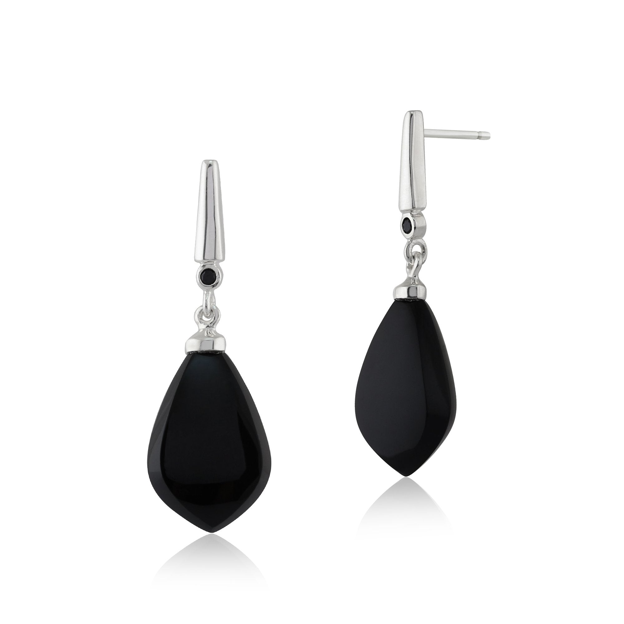 Art Deco Style Pear Black Onyx & Black Spinel Drop Earrings in 925 Sterling Silver