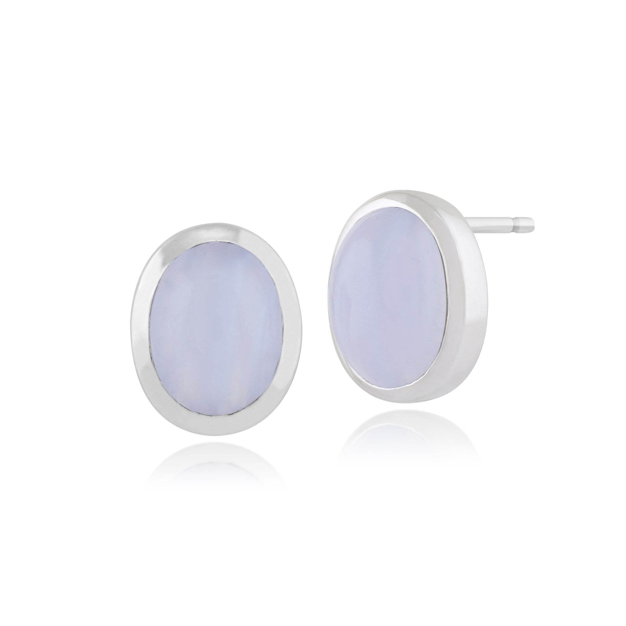 Classic Oval Blue Lace Agate Bezel Set Stud Earrings in 925 Sterling Silver