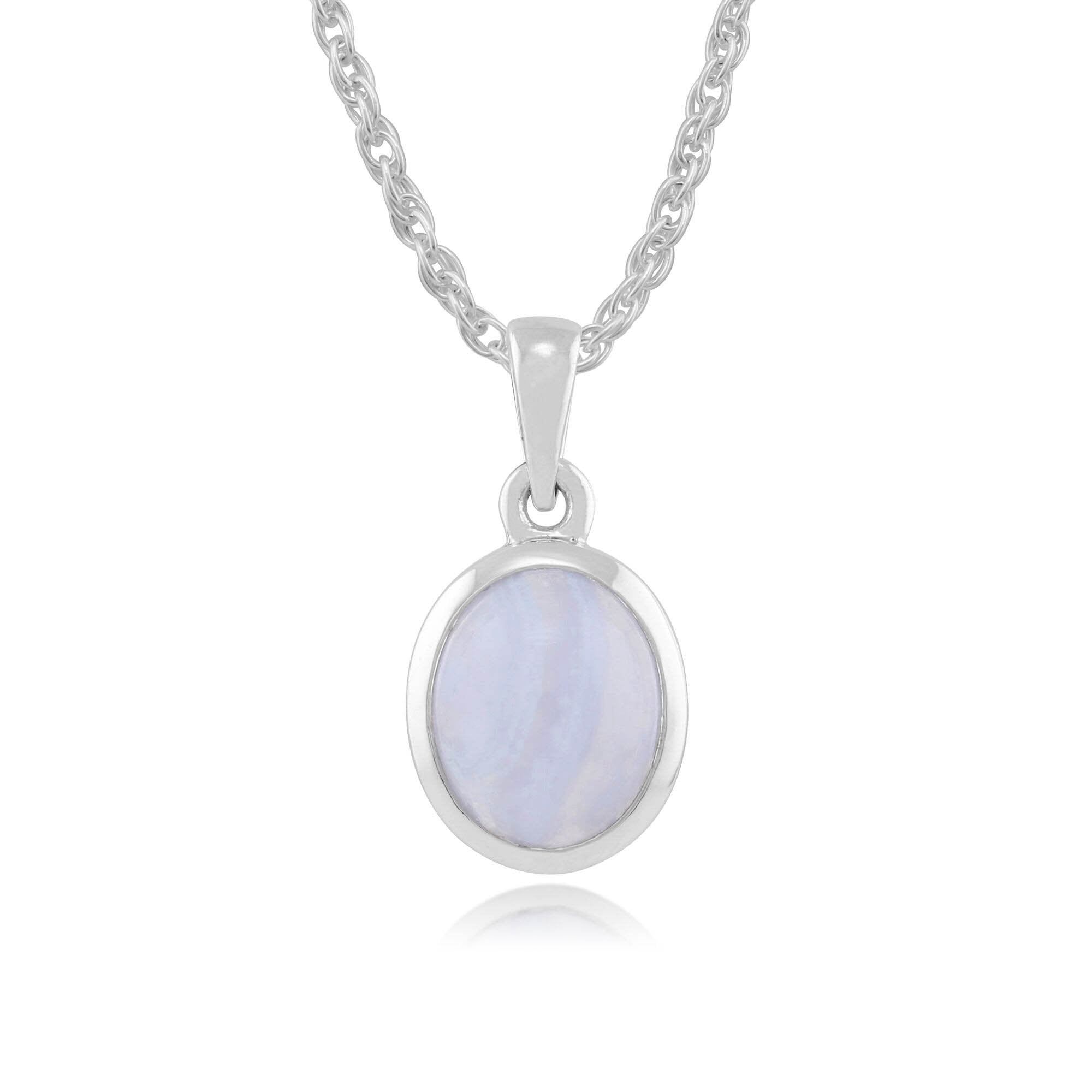 Classic Oval Blue Lace Agate Bezel Set Pendant in 925 Sterling Silver