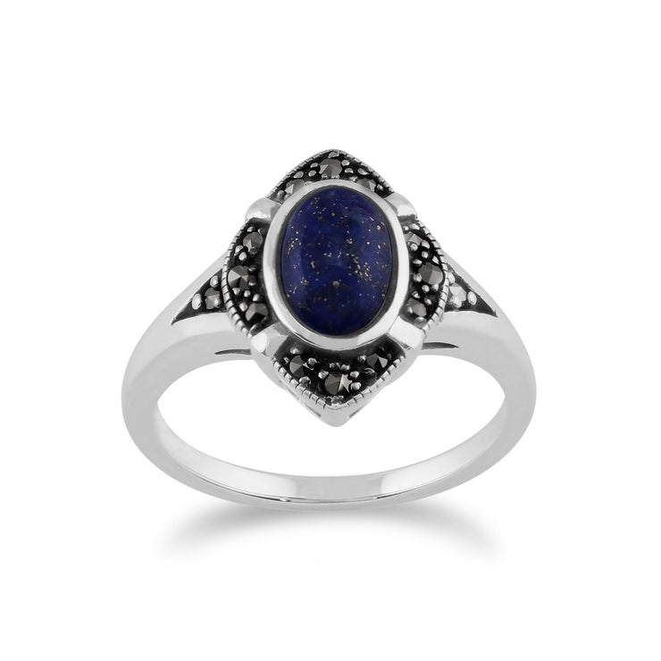 Anello Art Deco Gemondo, Anello Art Deco in argento sterling 925 da 1,00 ct con lapislazzuli e marcasite