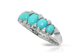 Art Deco Style Oval Turquoise Cabochon Five Stone Ring in 925 Sterling Silver