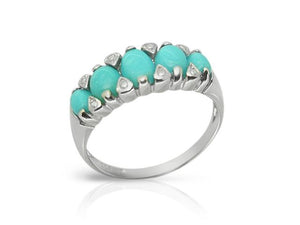 Art Deco Style Oval Turquoise Cabochon Five Stone Ring in 925 Sterling Silver