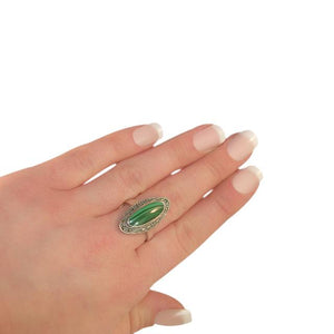 Art Deco Style Oval Malachite Cabochon Cocktail Ring in 925 Sterling Silver